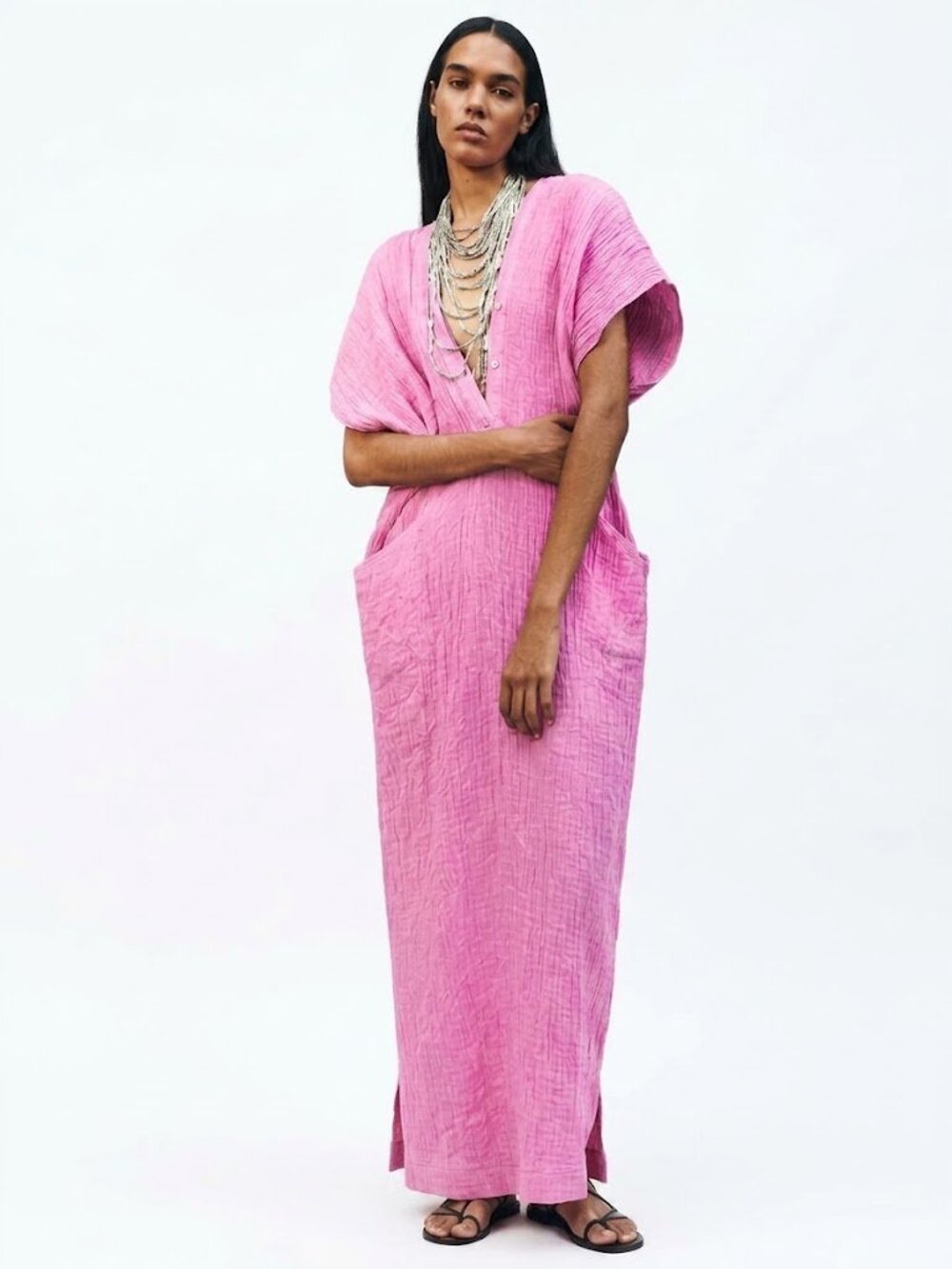 Zara Linen Textured Tunic Maxi Dress in Pink M-L